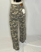 Camouflage pants with a visible brand tag on a white background