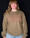 Person wearing a brown sweatshirt with 'EXPENSIVE IS DIFFICULT' text on a black background